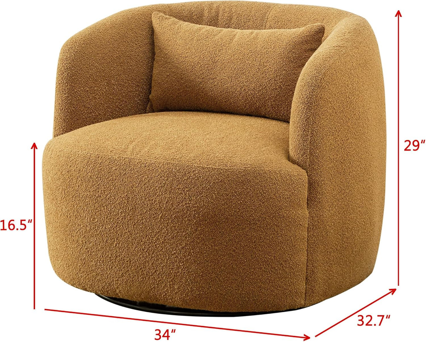 KINWELL 34" Wide Boucle Swivel Barrel Chair, No Assembly Round Upholstered Armchair Accent Chair Single Sofa Chair with Toss Pillow for Living Room and Bedroom, Brown