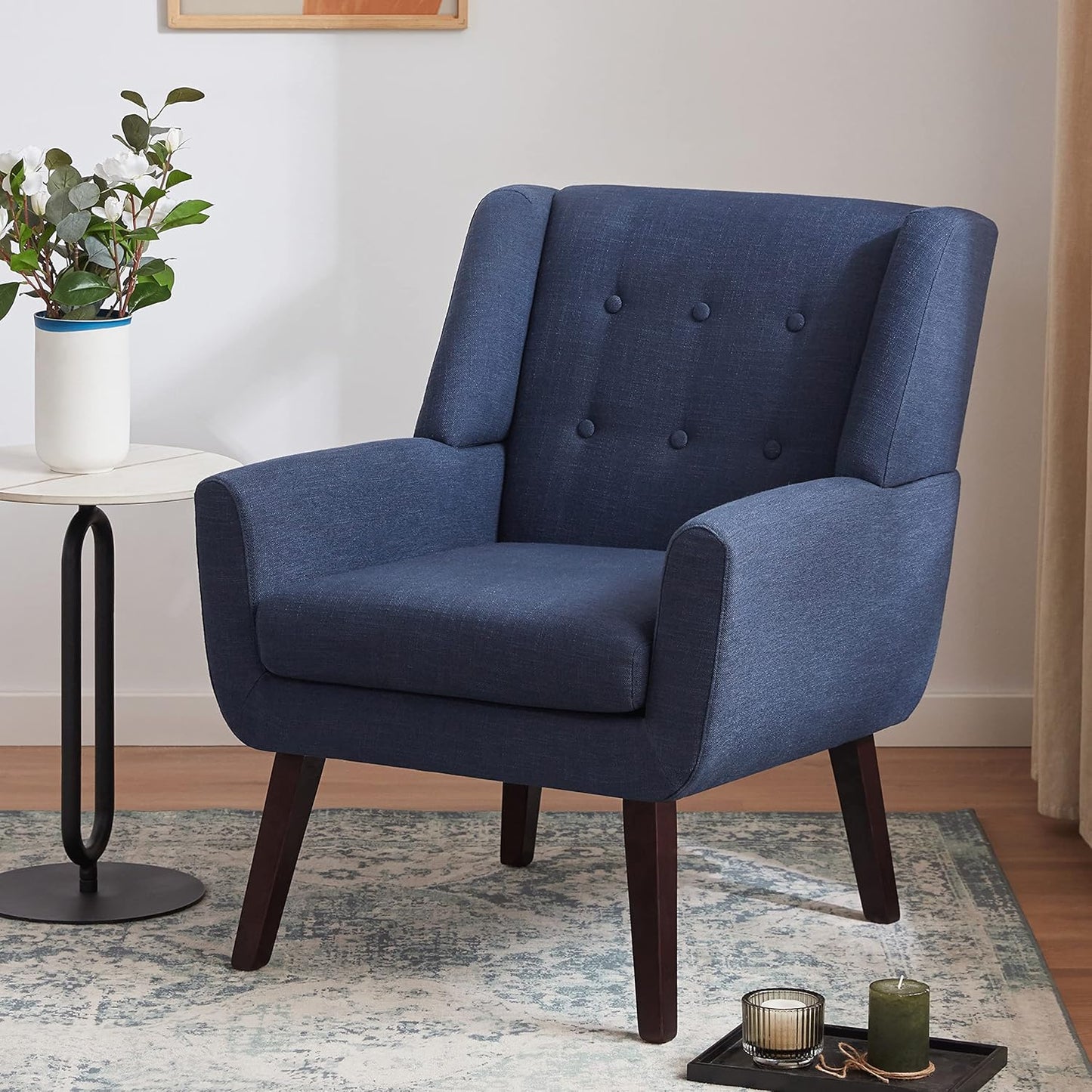 HUIMO Accent Chair Living Room Chair, Upholstered Button Tufted Armchair, Linen Fabric Sofa Chairs for Bedroom, Living Room, Mid Century Modern Comfy Reading Chair (Dark Blue)