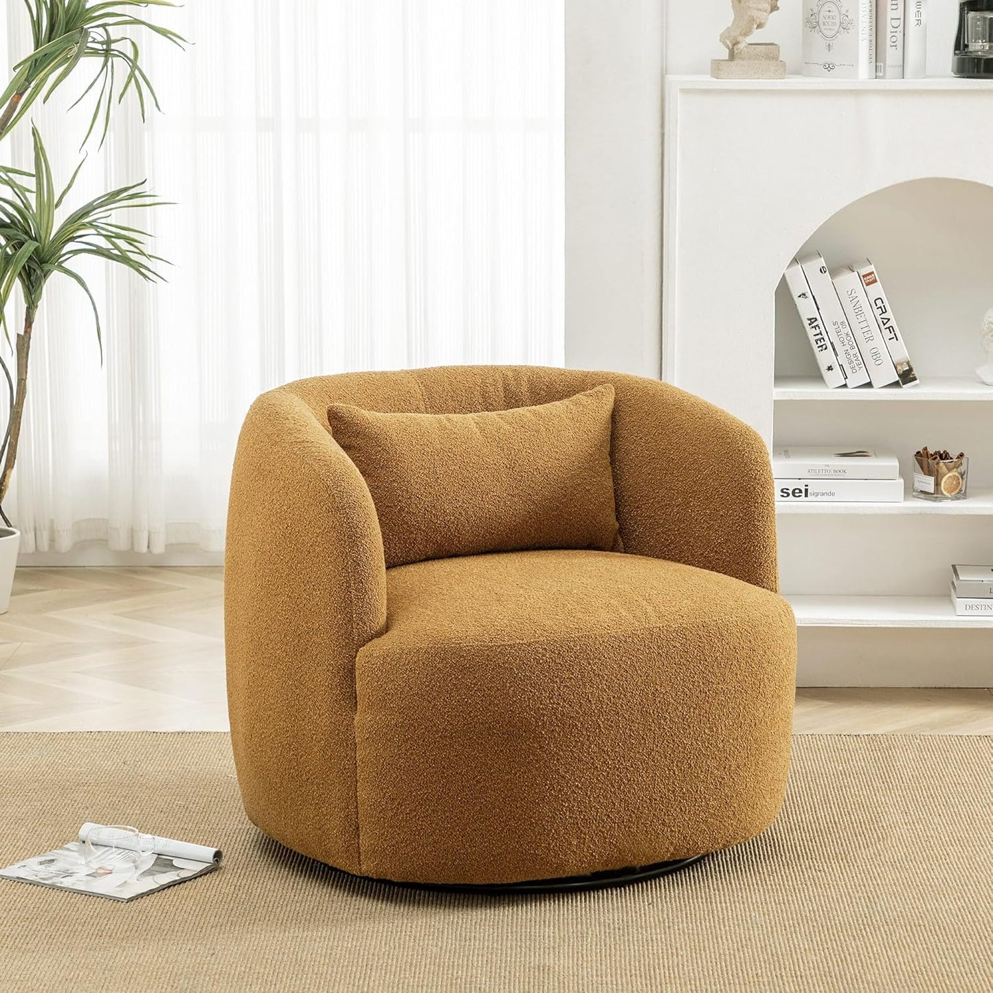KINWELL 34" Wide Boucle Swivel Barrel Chair, No Assembly Round Upholstered Armchair Accent Chair Single Sofa Chair with Toss Pillow for Living Room and Bedroom, Brown