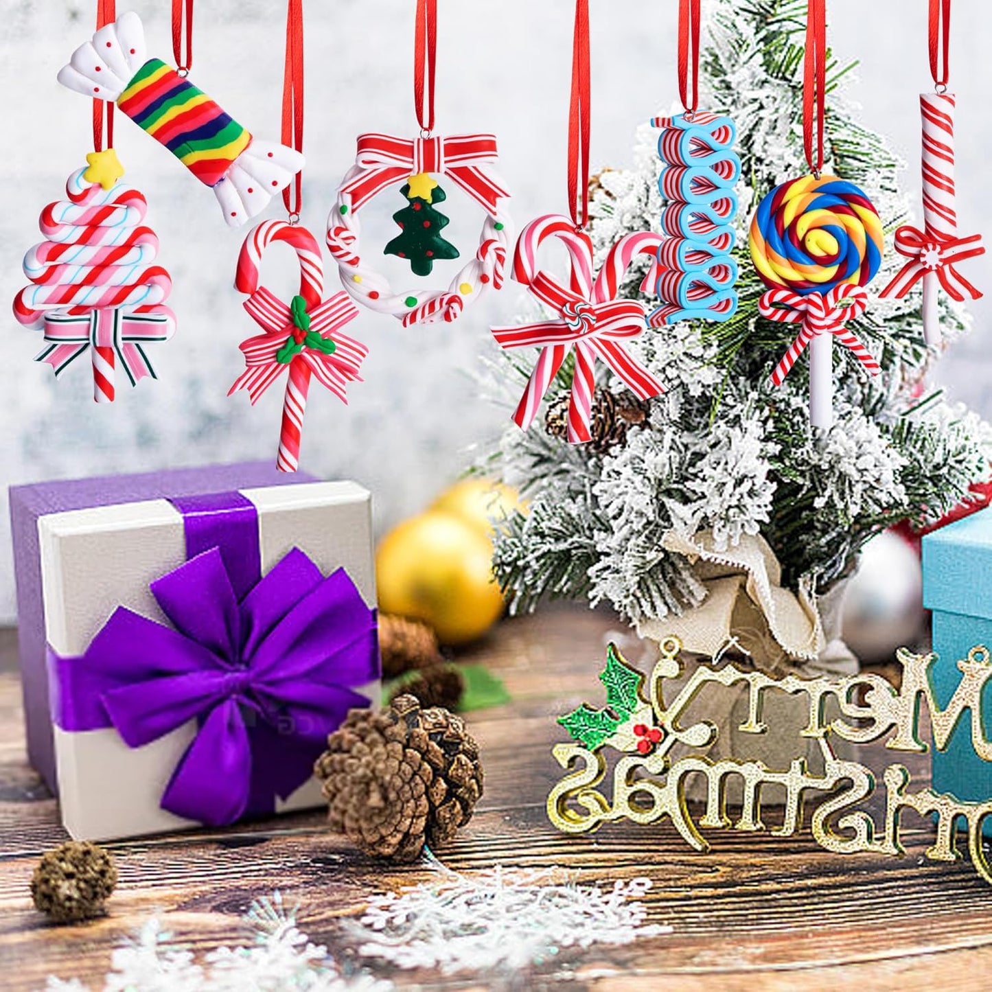 codree 8 Pcs Christmas Lollipop Ornaments - Polymer Clay Christmas Candies - Xmas Decor Candy Cane Hanging Tree Ornaments for Party Home Decoration