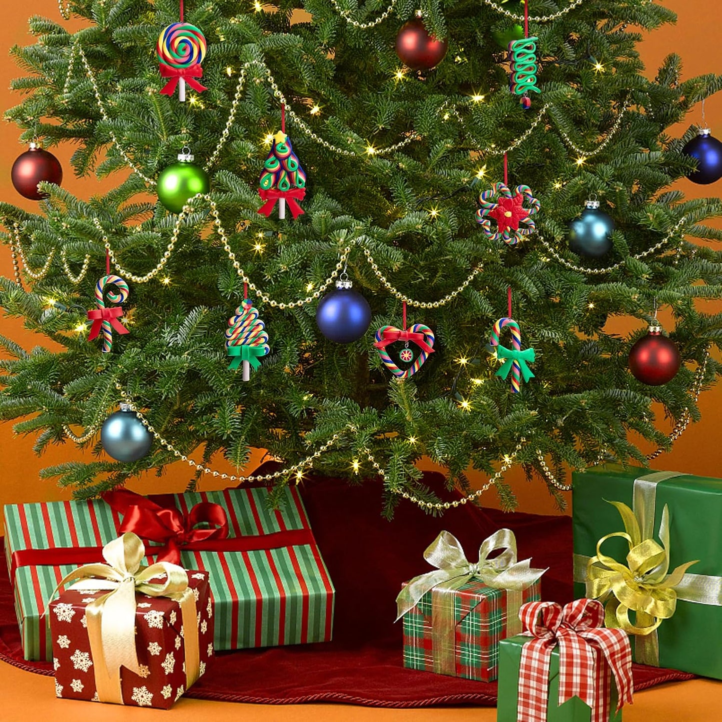 codree 8 Pcs Christmas Lollipop Ornaments- Rainbow Candy Cane Hanging Ornaments for Christmas Tree- Christmas Candies Polymer Clay Ornament for Xmas Tree Party Decoration, E-8pcs