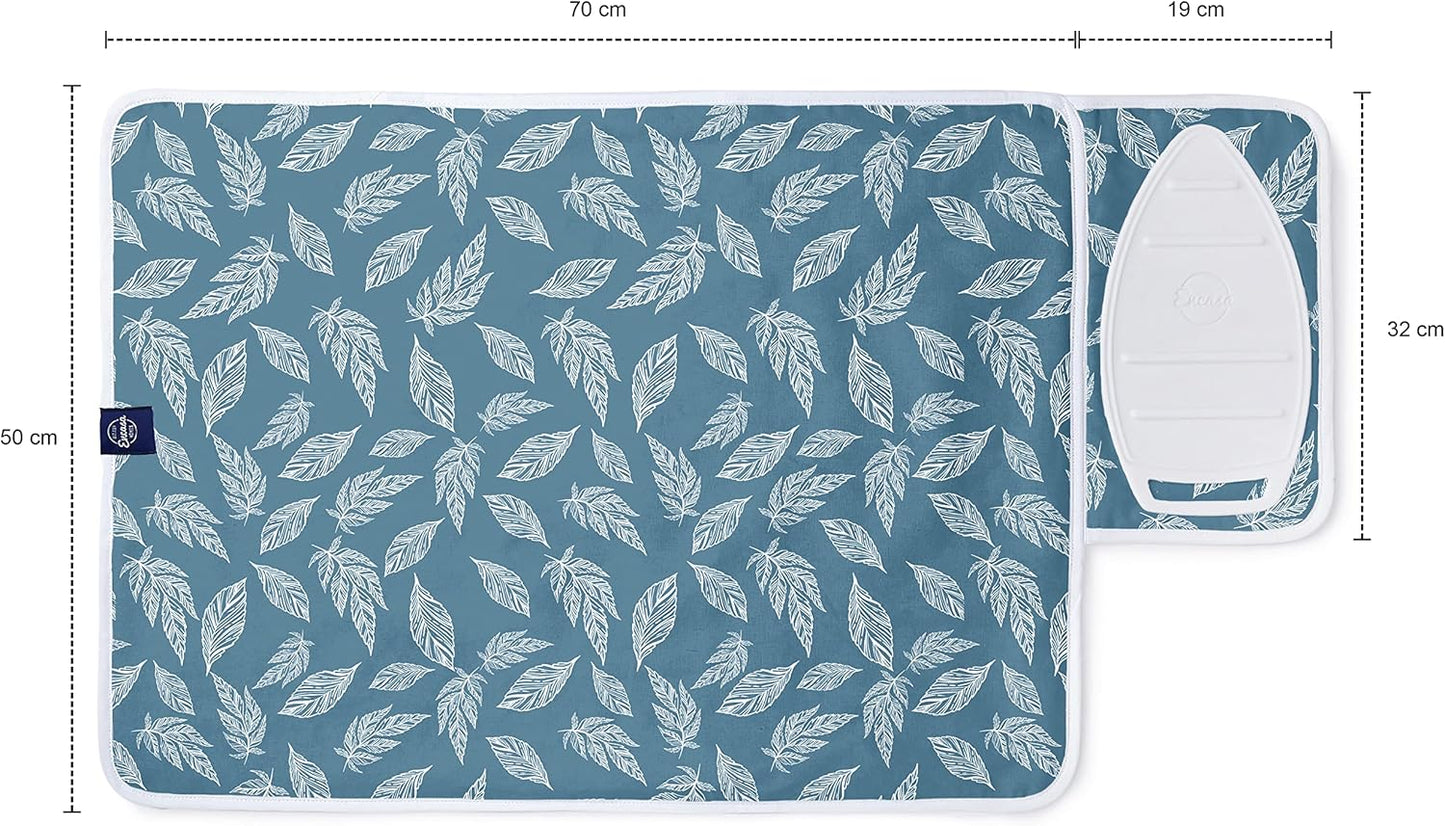 Encasa XO Ironing Mat/Pad (Small 28"x20") with 3mm Padding & Silicone Iron Rest for Steam Pressing on Tabletop or Bed - Heat Resistant, Portable, Quilting & Travel Blanket - Big Leaves Blue