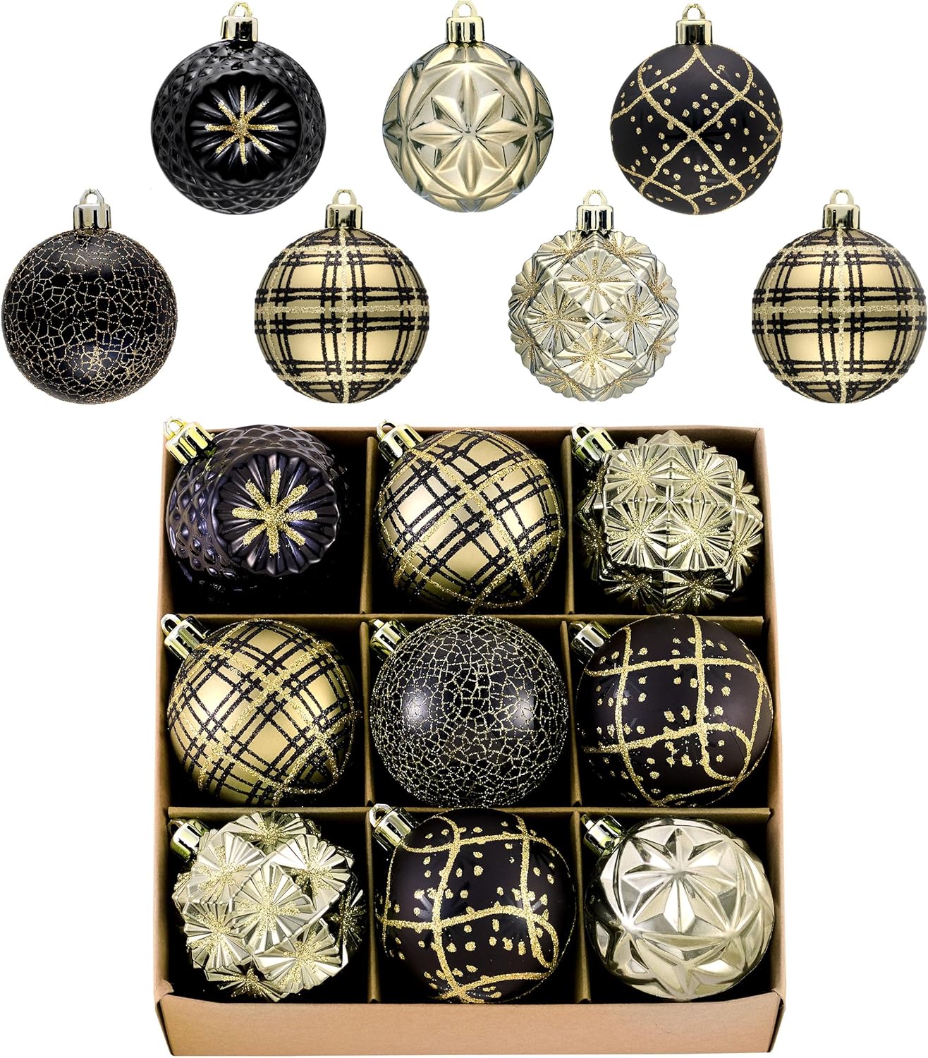 Valery Madelyn Ornaments for Christmas Trees, 9ct 2.36 Inches Black and Gold Shatterproof Christmas Tree Decorations, Luxury Hanging Ball Ornaments for Xmas Holiday Party Decor