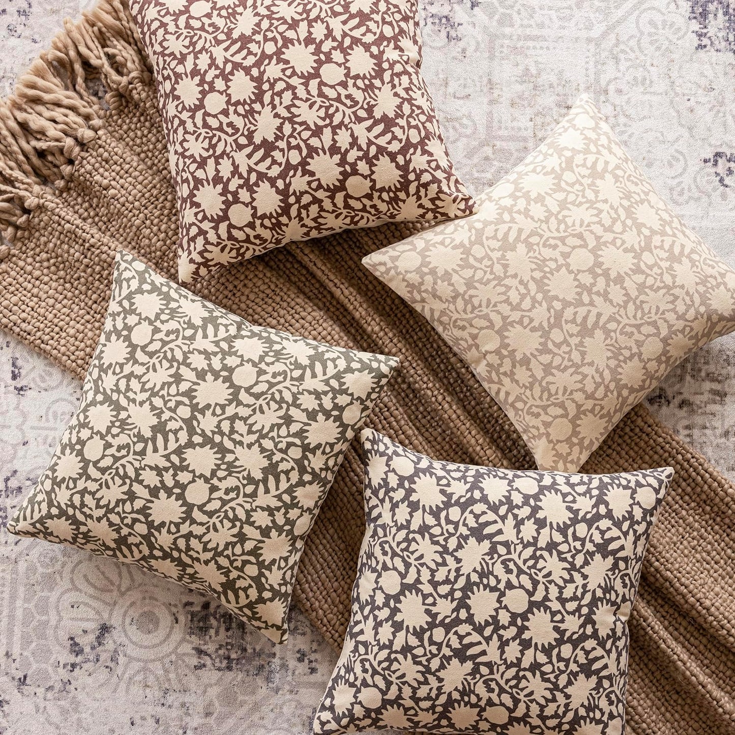 Foindtower Set of 2 Decorative Neutral Floral Throw Pillow Covers Accent Farmhouse Cushion Covers Boho Vintage Pillowcase for Couch Sofa Bedroom Living Room Home Decor Outdoor,24×24 Inch,Wine Red