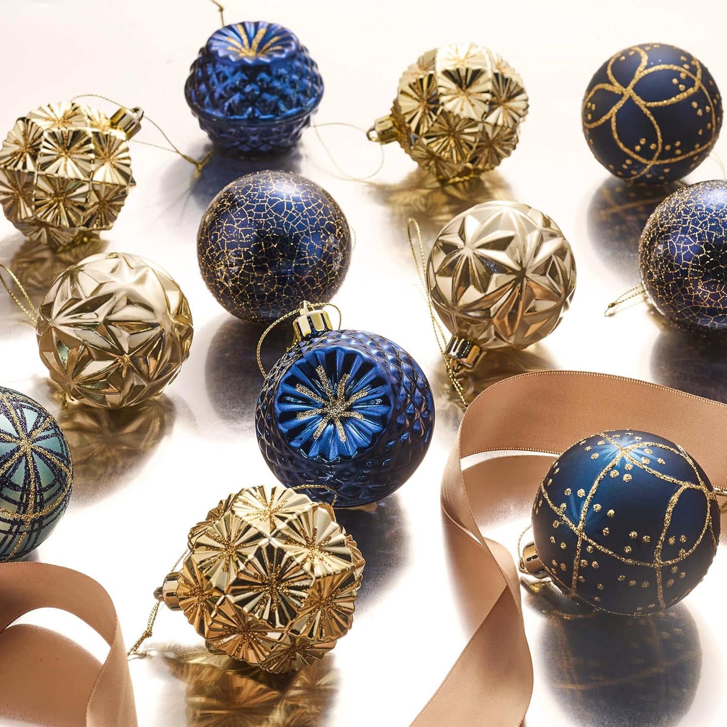 Valery Madelyn Ornaments for Christmas Trees, 9ct 2.36 Inches Blue and Gold Shatterproof Christmas Tree Decorations, Luxury Hanging Ball Ornaments for Xmas Holiday Party Decor