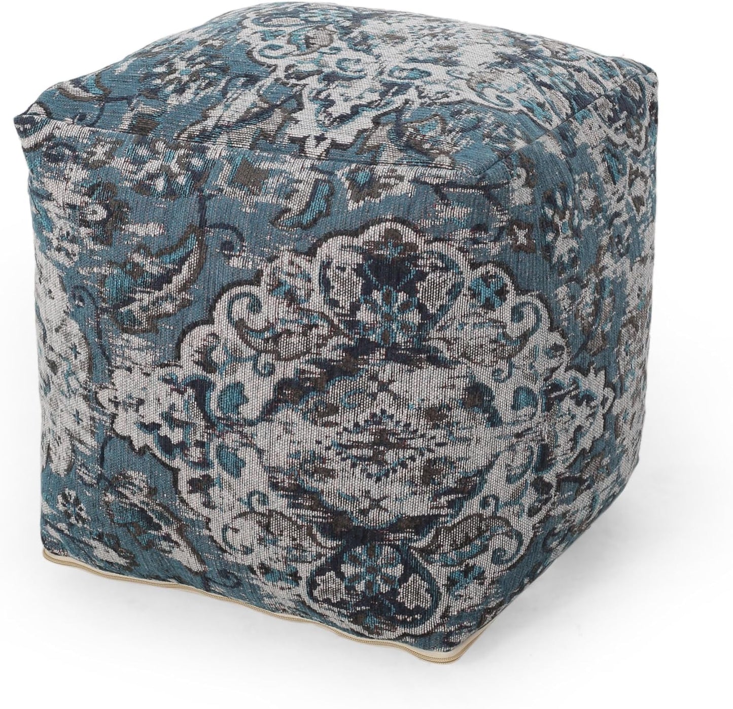 GDFStudio Boho Handmade Fabric Cube Pouf Ottoman Foot Stool - Bean Bag Floor Chair - Foot Rest Couch for Living Room Bedroom,Blue,16"" x 16"" x 16"", Conch,blue, 313832N