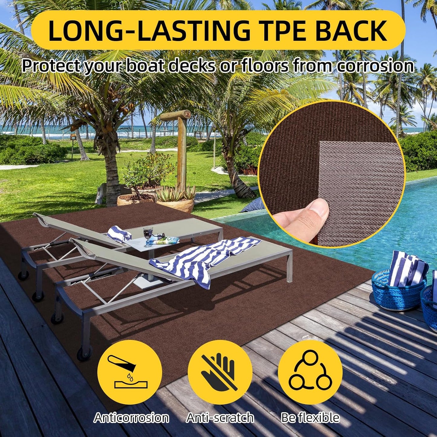 Marine Carpet,5 FT x 10 FT Brown Indoor Outdoor Carpet 0.2" Thick Boat Carpet with Water-Proof TPE Backing, Non-Slide Outdoor Marine Carpet Roll for Home, Patio, Porch, Deck