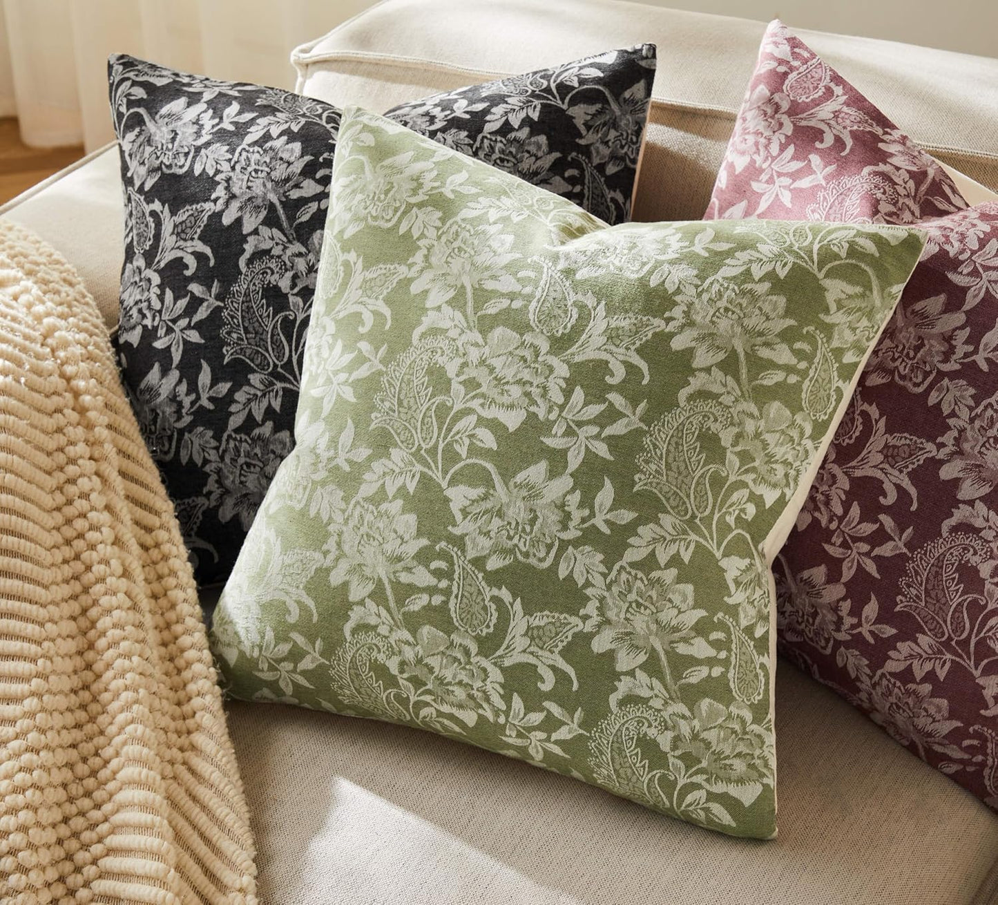 Floral Jacquard Throw Pillow Covers Set of 2, Background/Green 16x16 Inch, Farmhouse Decorative Cotton Sage Green Cushion Covers for Sofa Bed Living Room Home Decor