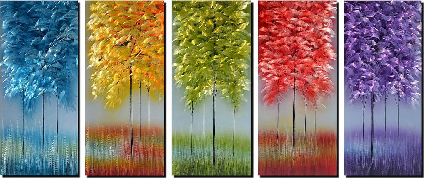 Handmade Metal Wall Art with Bog Life Multi-Colored Tree, 3D Abstract Design Artwork for Modern and Contemporary Decor, Indoor Outdoor Wall Decorations, 5-Panels Metal Art Measure 24"x 64"