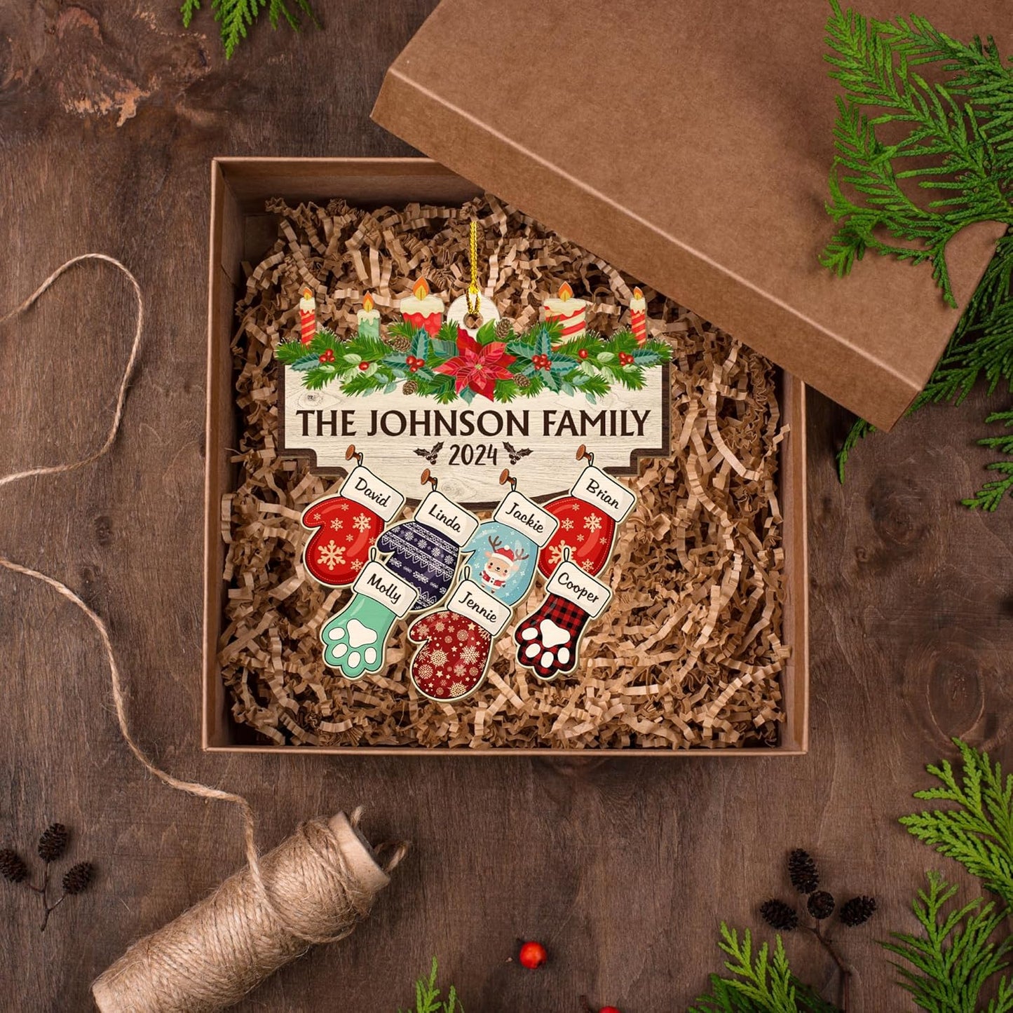 Family with Pet Ver 2 - Personalized Custom Wood Ornament, Family Gloves Christmas Ornament 2024, Xmas Ornament Gifts for Family Tree Decoration (A06, 2 Names)