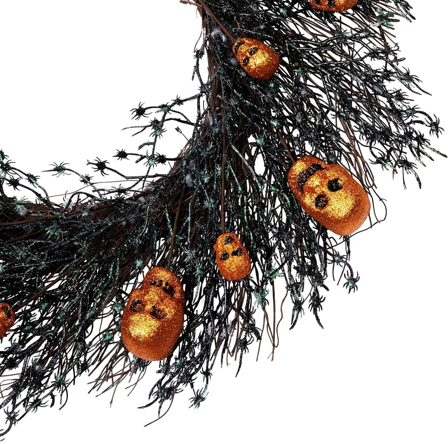 Glittered Skulls and Spiders Halloween Twig Wreath - 22" - Unlit