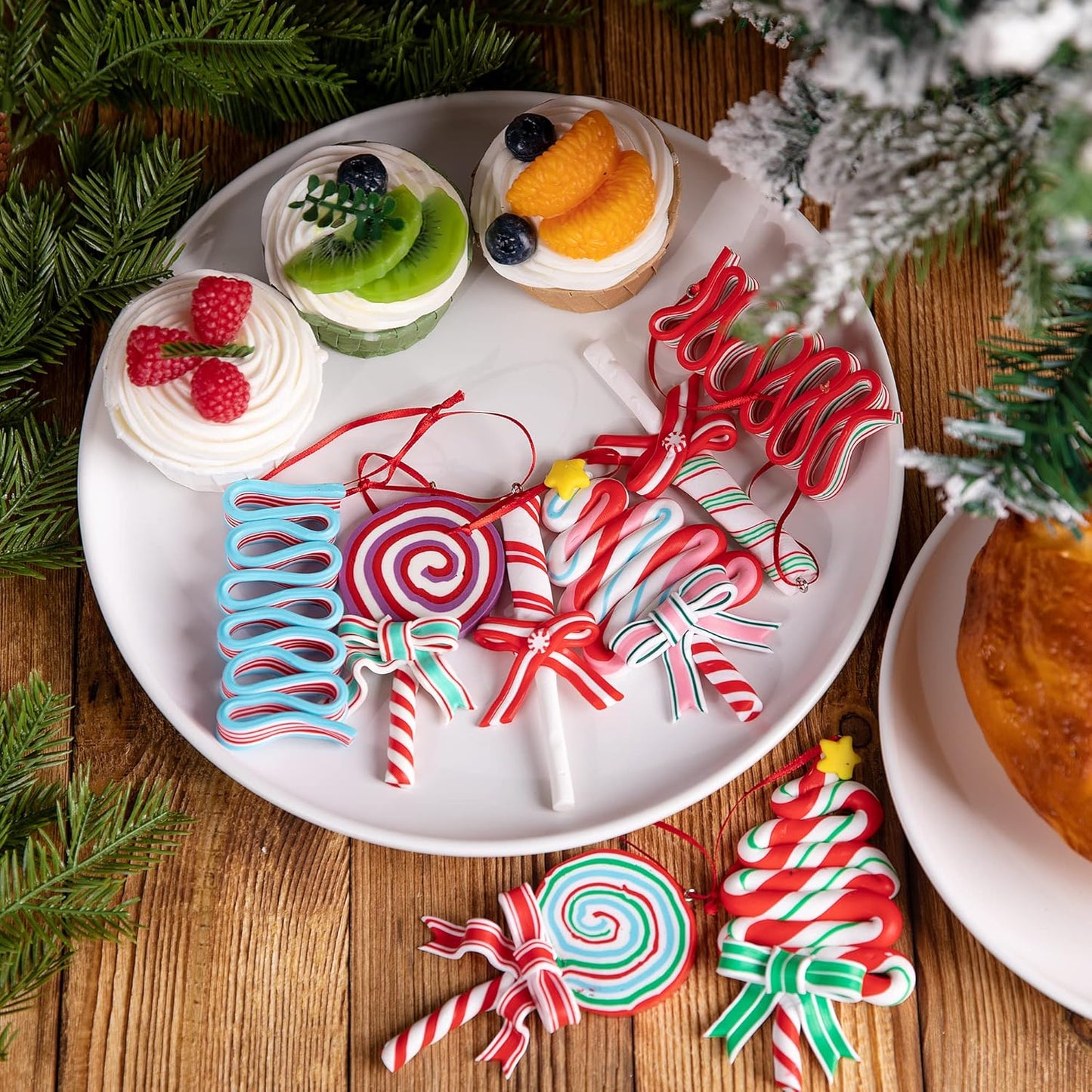 codree 8 PCS Christmas Lollipop Ornaments- Christmas Candies Polymer Clay Ornament- Xmas Decor Candy Cane Hanging Decorations for Xmas Tree Party Supplies