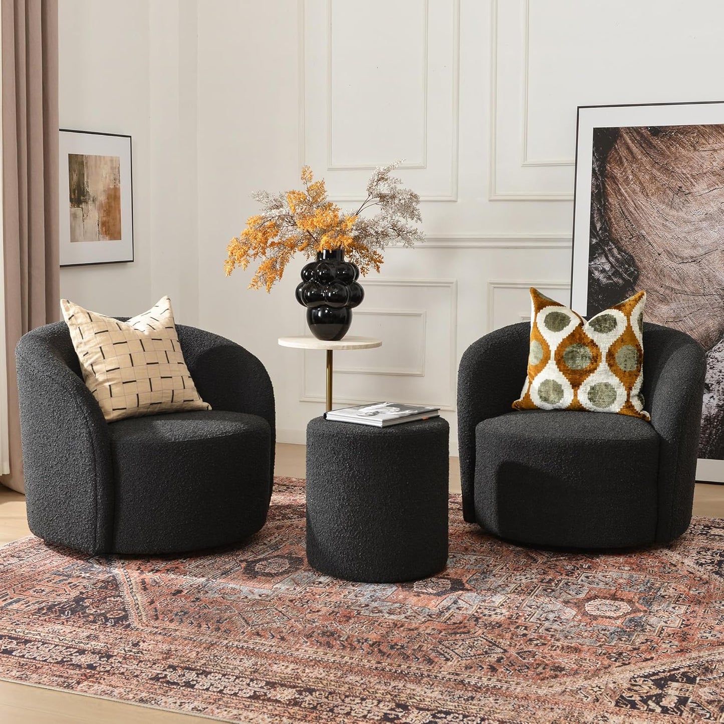 KINWELL 34" Boucle Swivel Barrel Chair with 18" Round Ottoman Set, Fully Assembled Set of Sherpa Accent Chair and Footrest, Modern Comfy Armchair and Footstool for Living Room and Bedroom, Black