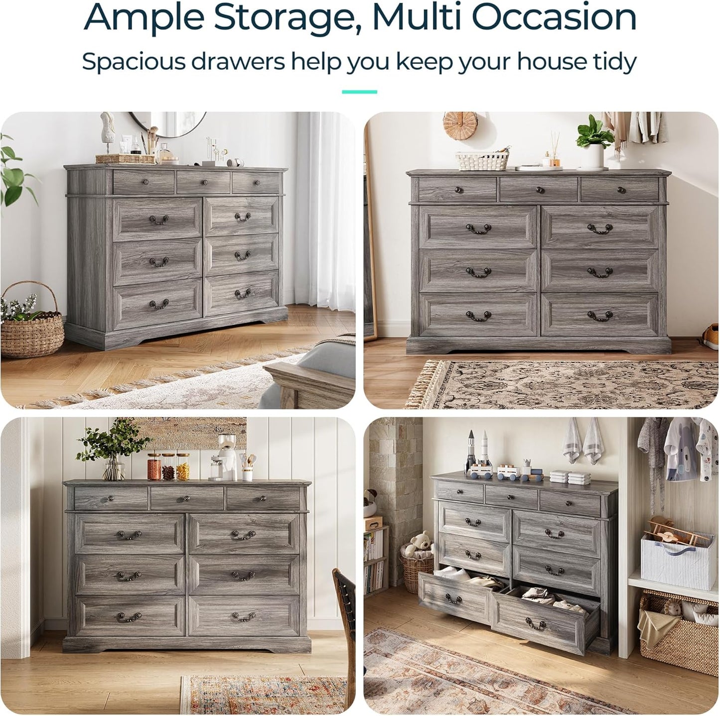 LINSY HOME Farmhouse 9-Drawer Dresser - Grey Chest of Drawers for Bedroom and Living Room Organization, Wood Dresser with Ample Storage Space and Rustic Charm, Grey