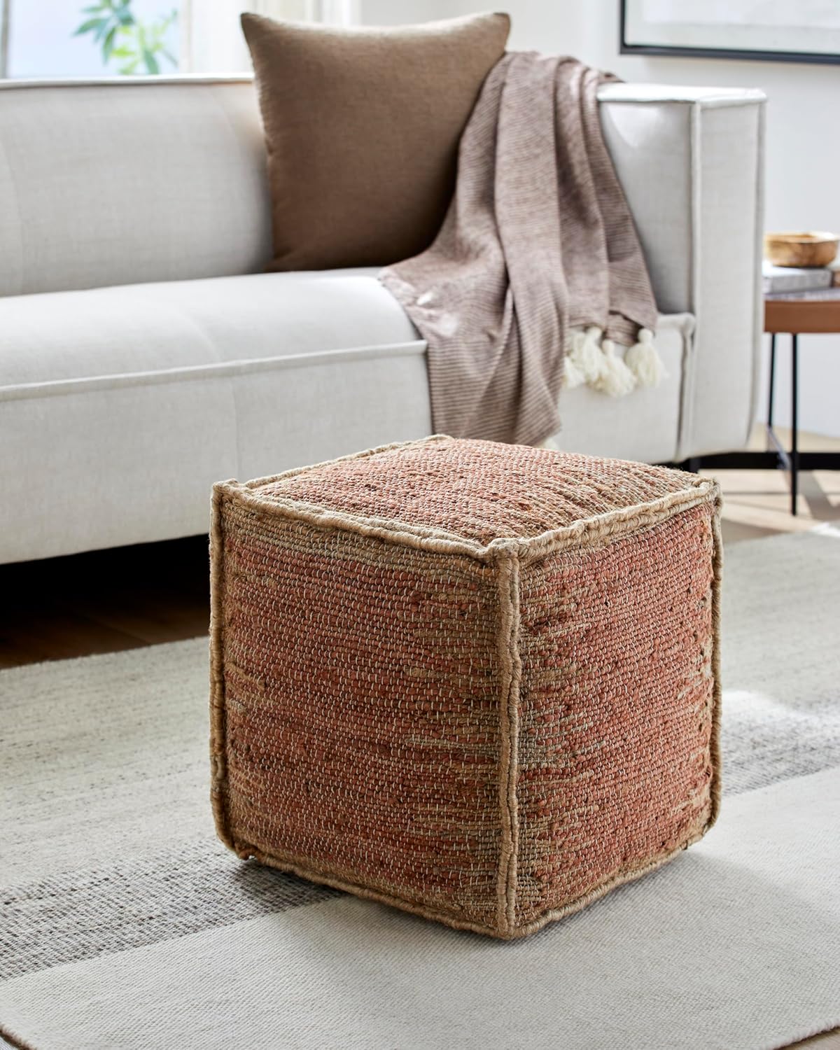 Mark&Day Pouf Ottoman, Lanzenkirchen Natural Fiber Burnt Orange Cube Pouf Foot Rest for Living Room, Bedroom and Boho Home Decor (16"x16"x16")