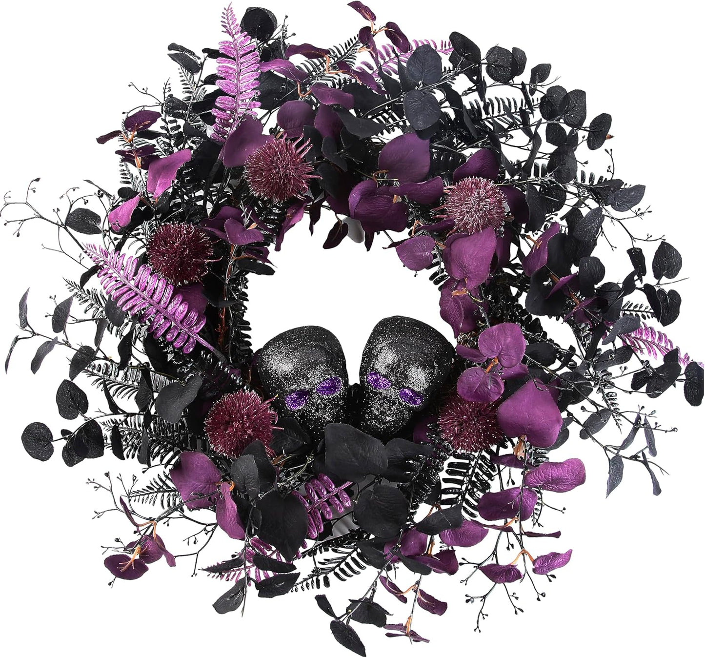 20" Halloween Wreaths for Front Door, Black Glitter Skulls Purple Eucalyptus Leaves Halloween Horror Decor, Gothic Party Room Decoration