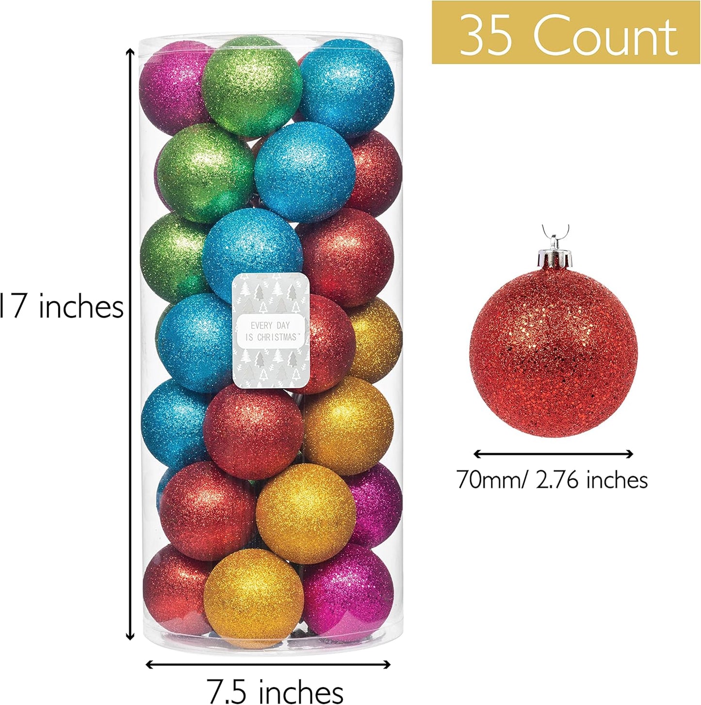 Every Day is Christmas Ornaments, Shatterproof Christmas Tree Ornament Set, Christmas Balls Decoration 35 Count (2.75"/70mm, Glitter Rainbow)