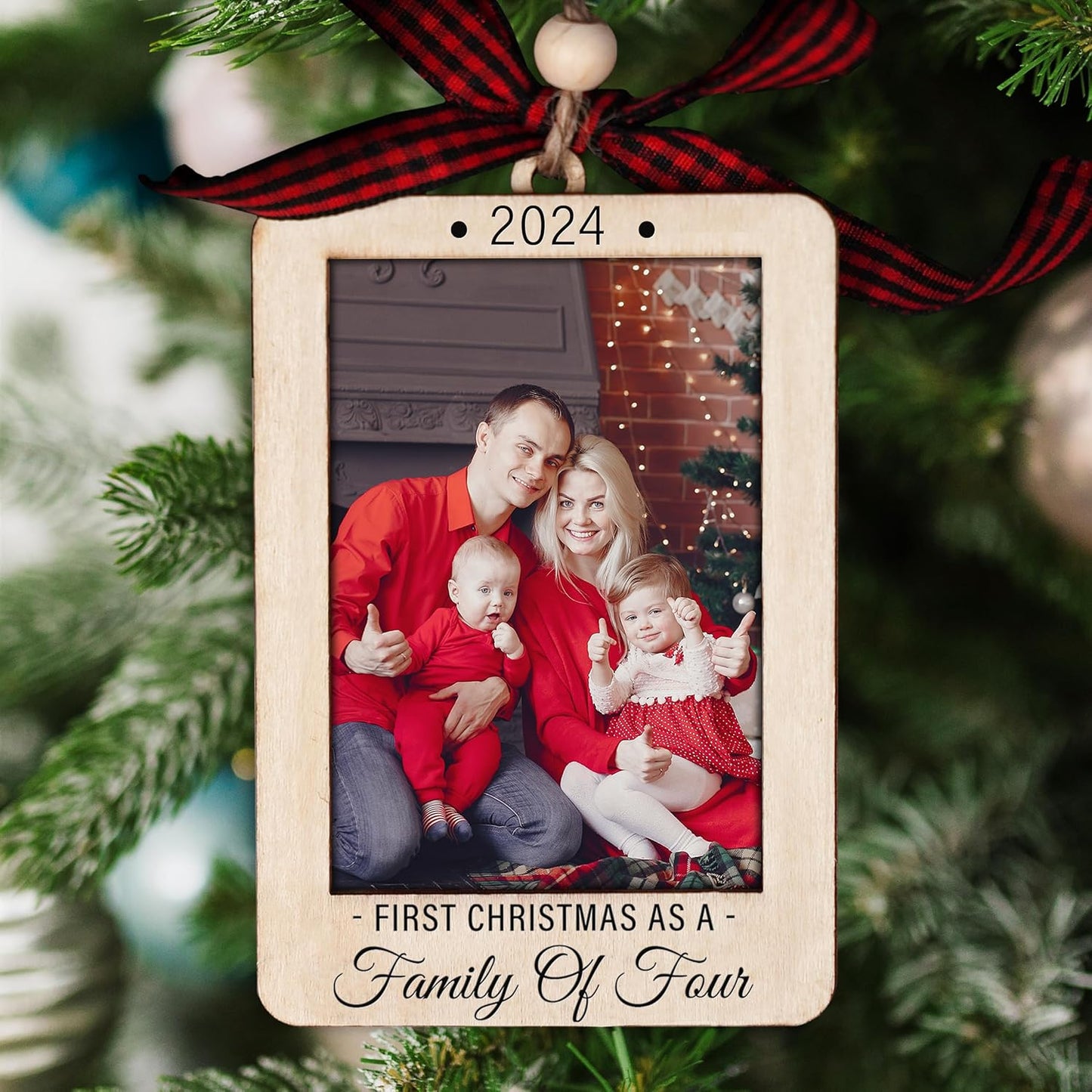 Christmas Photo Frame Ornament, 2025 Ornament, Wooden Picture Frame Ornaments With Hanging String (Family of Four)