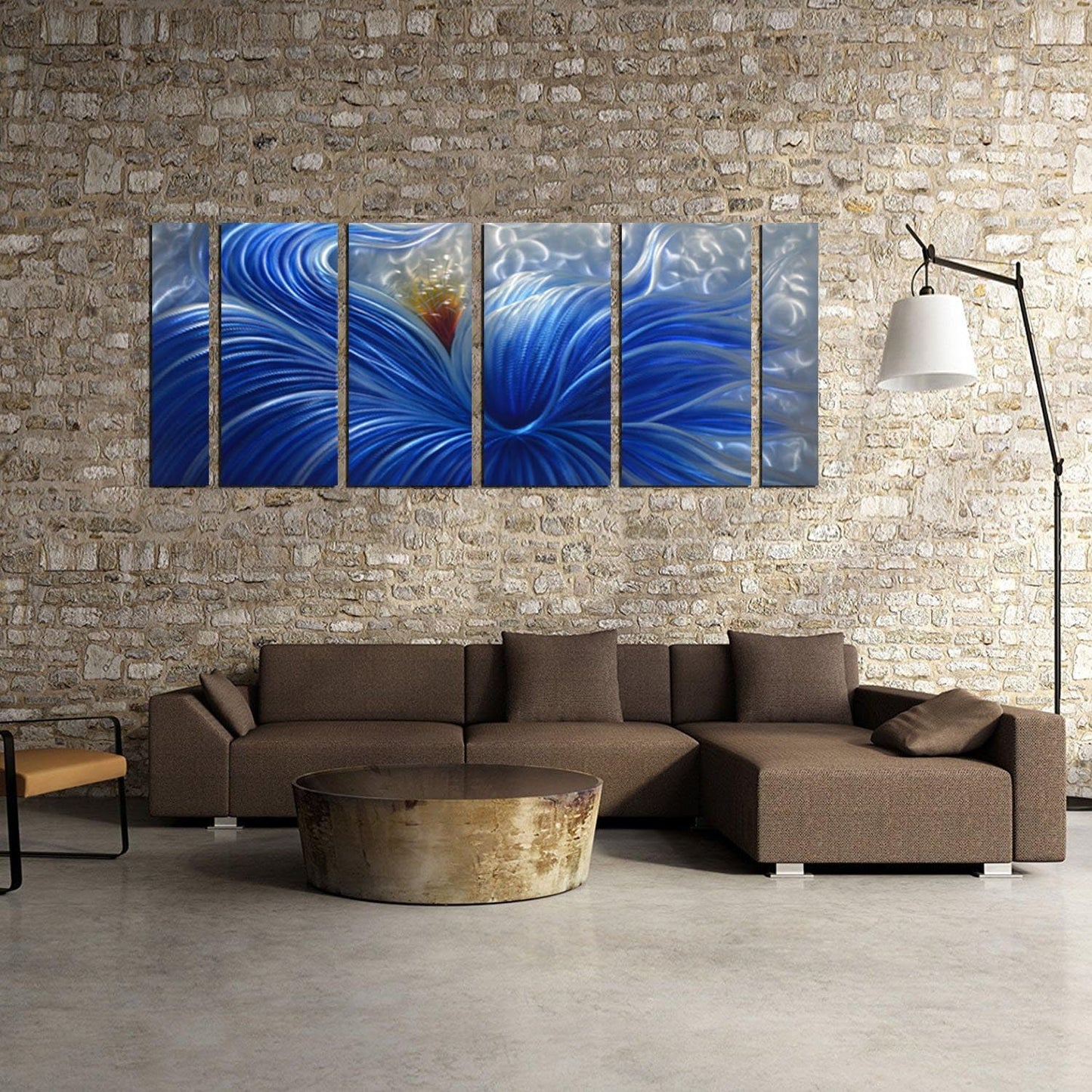 Metal Wall Art with Huge Blue Flower Design, Abstract Artwork for Modern and Contemporary Decor, Metal Wall Sculpture, Indoor Outdoor Wall Decorations, 6-Panels Measure 65" x 24"
