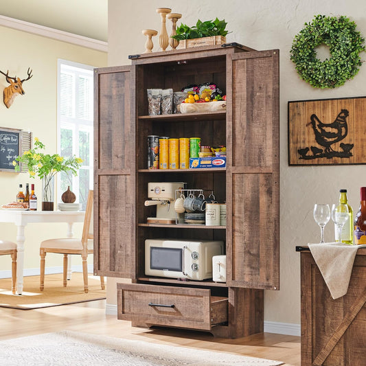 72" Tall Wood Storage Cabinet, Farmhouse Kitchen Pantry Cabinet with Adjustable Shelves & Drawer & Barn Doors, Versatile Storage for Kitchen, Dining Room, Bathroom, Light Brown