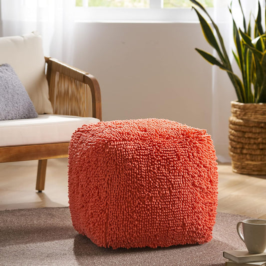 GDFStudio Modern Microfiber Chenille Cube Pouf Ottoman Foot Stool - Bean Bag Floor Chair - Foot Rest Couch for Living Room Bedroom,Coral,16"" x 16"" x 16"", Statha,coral, 314105N