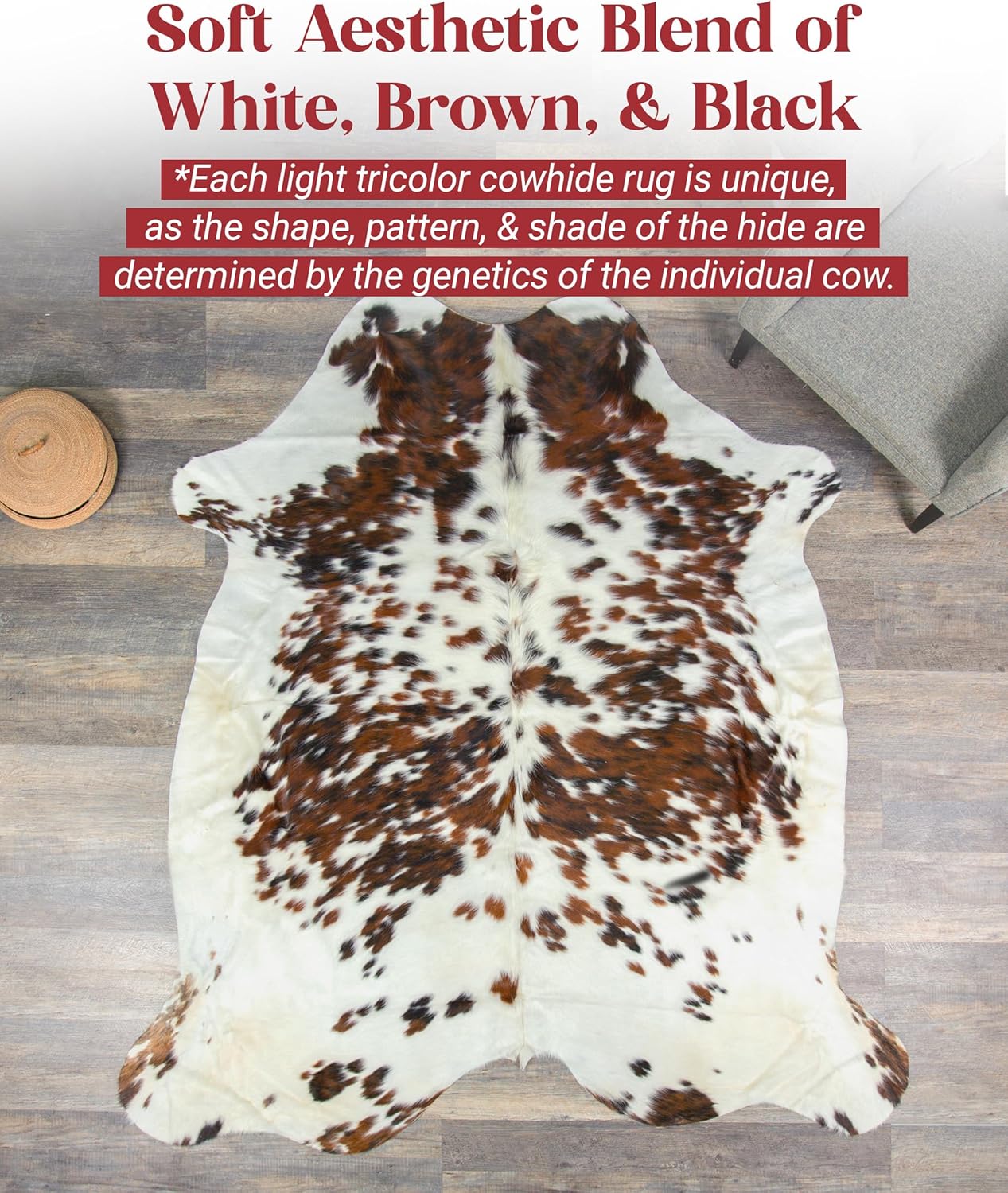 Light Tricolor Cowhide Rug Premium Cowhides Leather with Mixed White, Brown & Black Color Pattern - Natural Cowhide Rug for Office & Home Decor - Cow Hide Rugs 6x6-7 ft