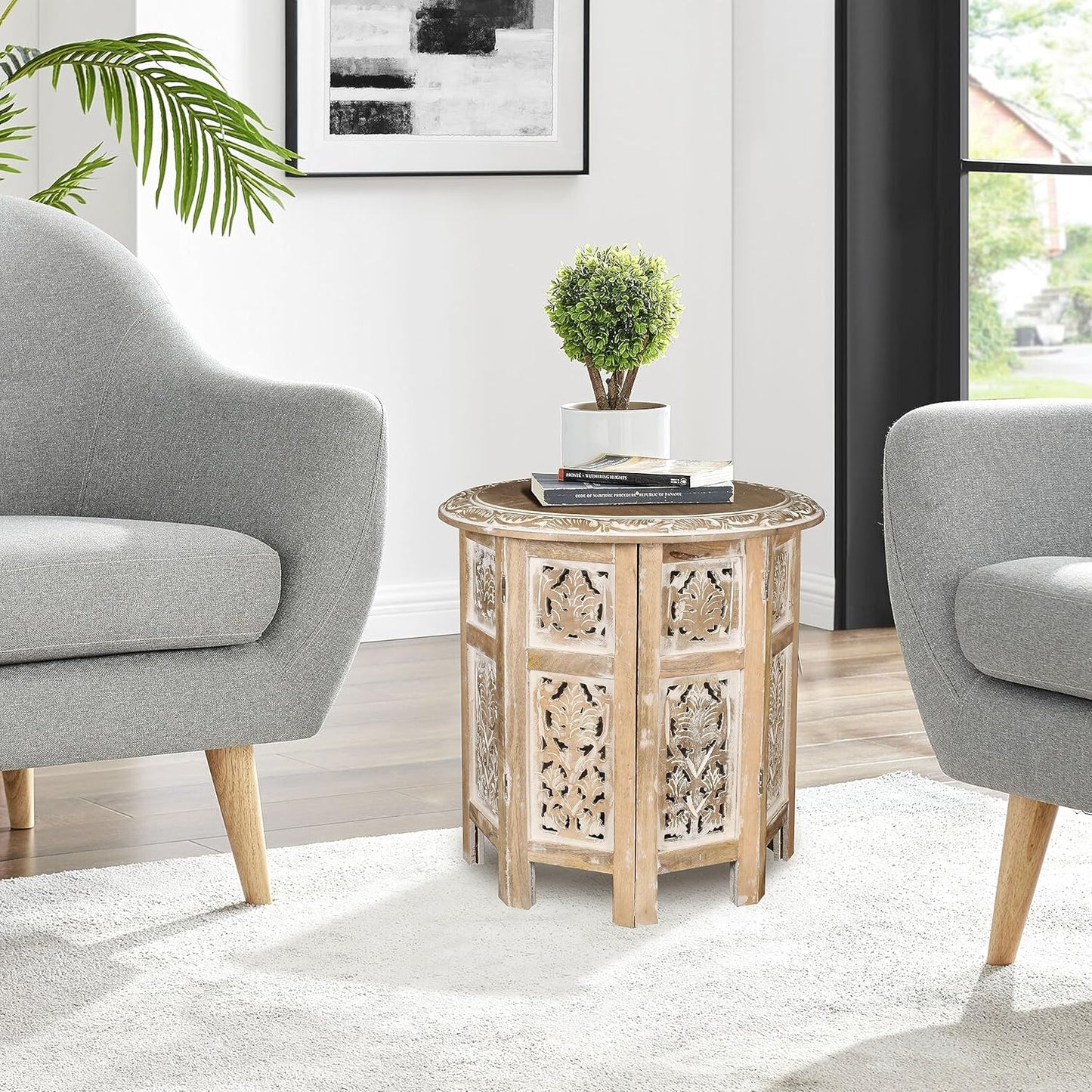 Lightnpro Hand Carved Solid Mango Wood Octagonal Accent Table - 18"×18" White Wash Farmhouse Vintage Home Décor Round End Table for Living Room, Bedroom, Entryway - Rustic Boho Side Table