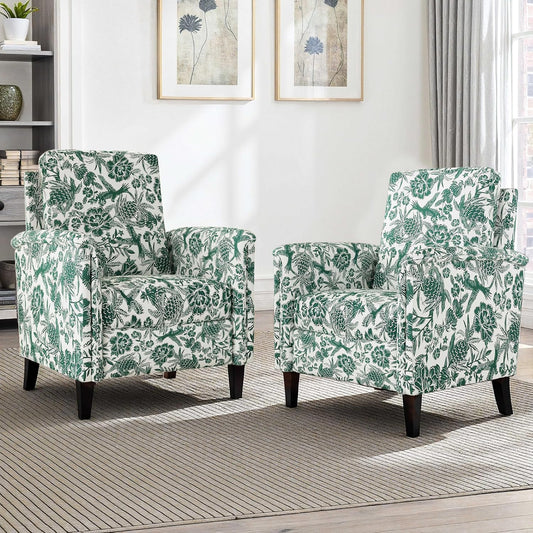 Floral Accent Chair Set of 2, High Back Upholstered Armchair with Solid Wooden Legs, Padded Armrest and Removable Comfortable Cushioned Seat Single Sofa for Living Room, Bedroom, Green