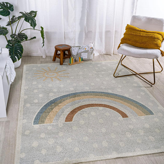 JONATHAN Y Machine-Washable Gray/Ivory/Yellow Indoor Area Rug, 3x5, Minha Rainbow Dots, Kids & Novelty, Casual, Classic, Bedroom, Kitchen, Living Room, Easy-Cleaning, Non-Shedding (KDW102A-3)