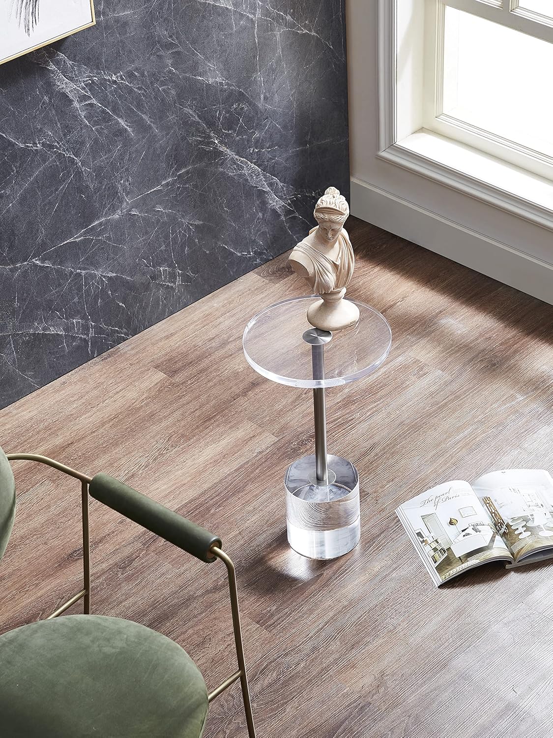 Clear Acrylic End Table,Side Table,Brushed Silver Metal,Round,for Office, Living Room and Bedroom,Easy Assembly,12x12 inch，21.3 inch high